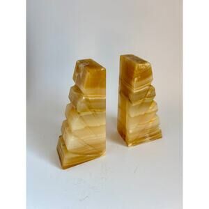 Vintage Hand Carved Aztec Style Gold Onyx Bookends